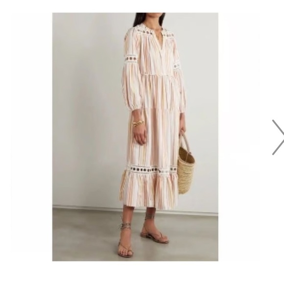 Lemlem Retta-Lace Trimmed Metallic Striped Tencel Blend Peasant Dress NWT XS - Picture 3 of 9